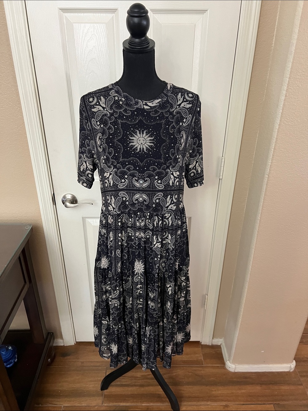 Johnny Was Black & White Paisley Sunburst Midi Dress